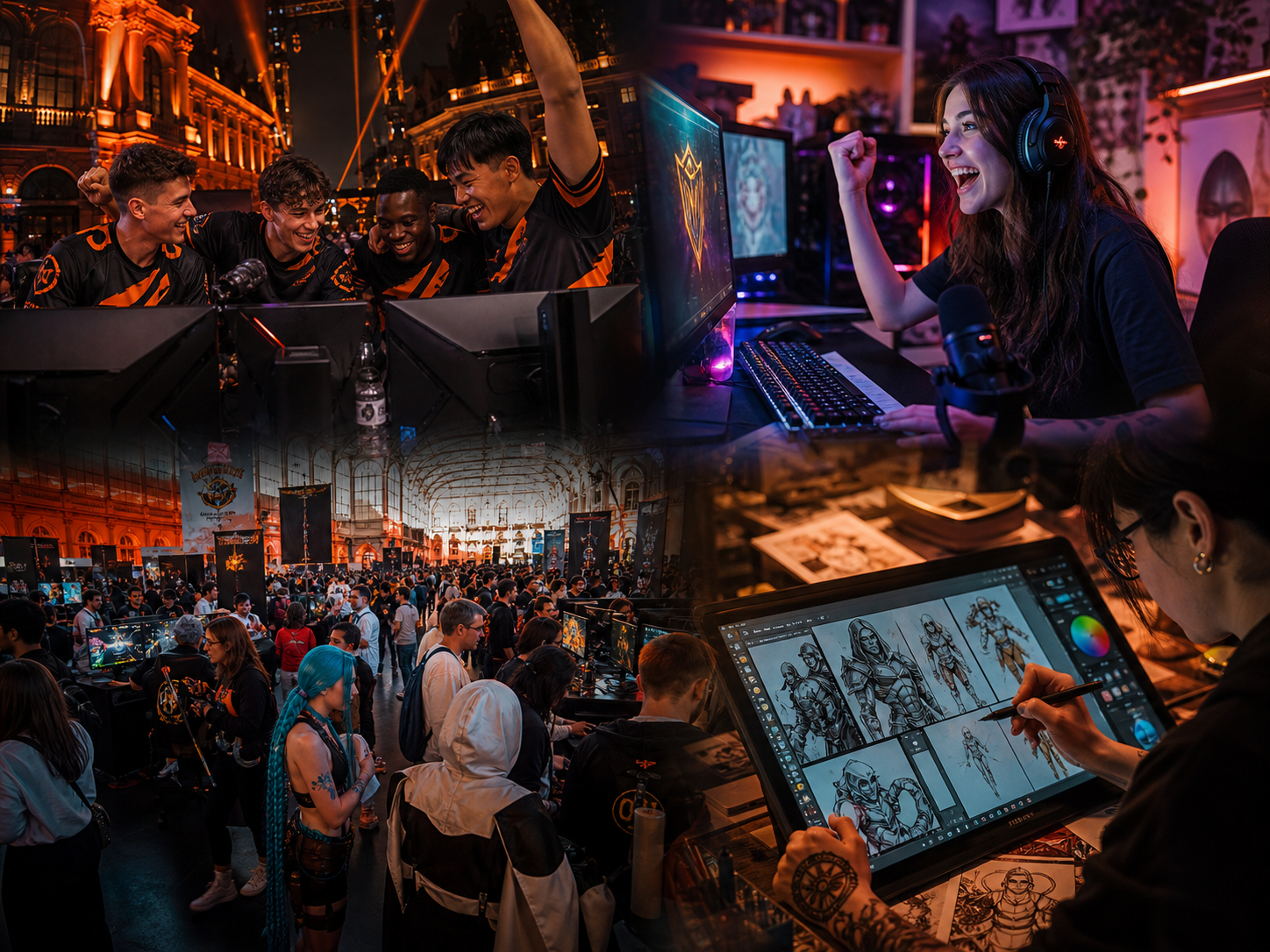 Spinboss community montage showing players, clans, LAN events, and fan creations